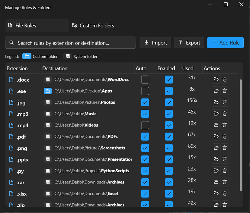 AutoDrop dark mode interface with Windows 11 Fluent Design